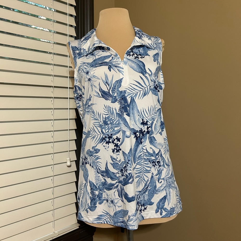 Tommy Bahama White and Blue Tropical Print Sleeveless Shirt